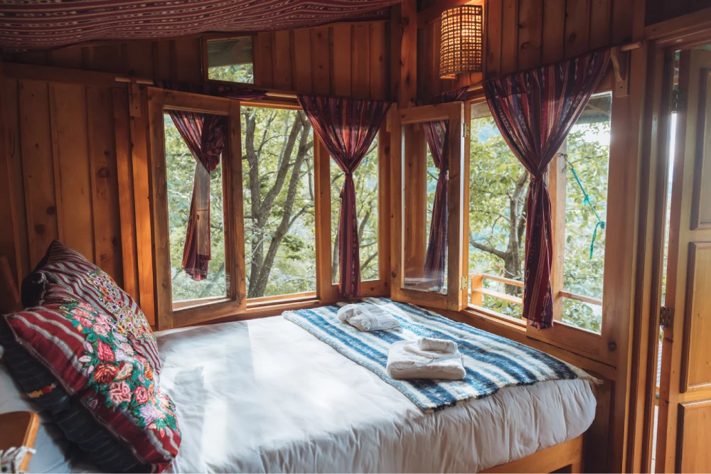 KawoqForest-Bungalow-Cabin-Bed-View Kawoq Forest Bungalo Cabin Main Space - Meditation Retreat - January 2026 - Vova Kuperman - Camino Wellness Center